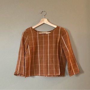 Windowpane Plaid Three Quarter Sleeve Top